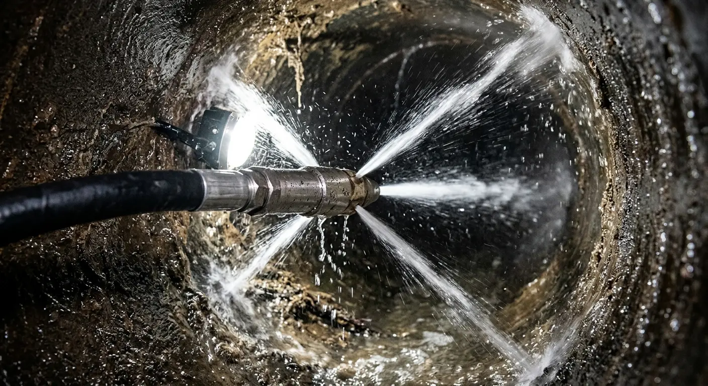 High-pressure hydro jetting nozzle cleaning sewer pipe for Emergency Drain Service in Glenvar Heights