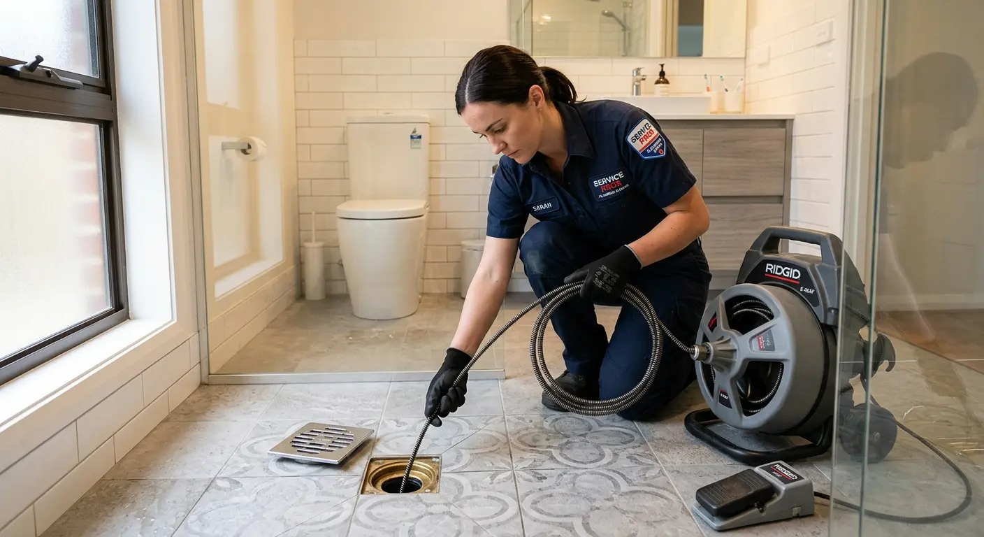 Technician clearing a bathroom floor drain for Hydro Jetting in Glenvar Heights